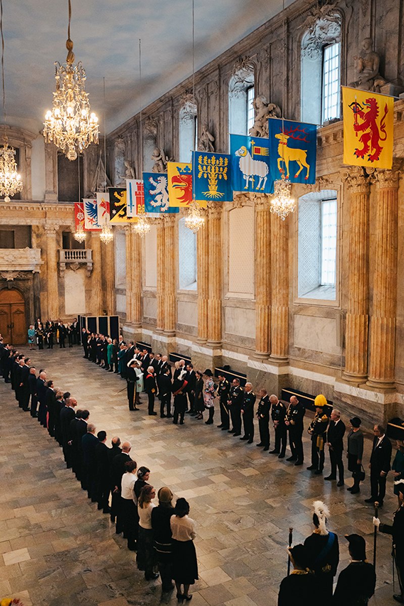The President and First Lady of France are welcomed to the Rikssalen inside the Royal Palace in Stockholm on January 30, 2024 (Clement Morin/Kungl. Hovstaterna)
