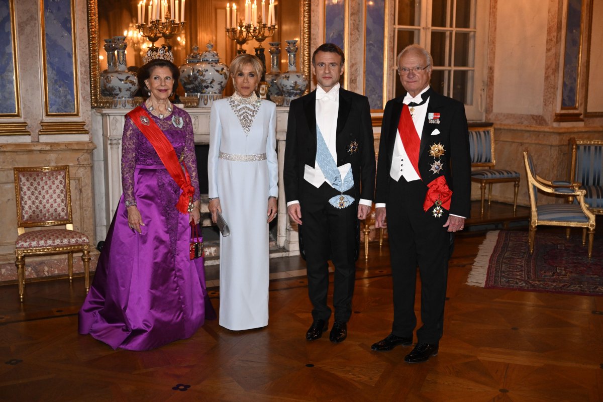 King Carl XVI Gustaf and Queen Silvia of Sweden host a state banquet at the Royal Palace in Stockholm in honor of the visiting President and First Lady of France on January 30, 2024 (Jessica Gow/TT News Agency/Alamy)