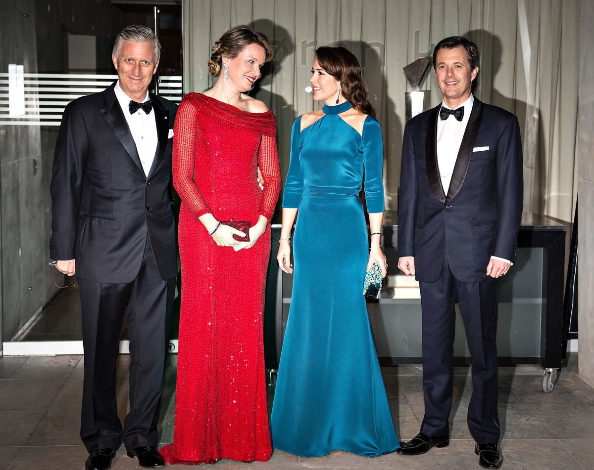 King Philippe and Queen Mathilde of the Belgians pose with Crown Prince Frederik and Crown Princess Mary of Denmark before a return dinner at the Black Diamond in Copenhagen on March 29, 2017 (HENNING BAGGER/AFP via Getty Images)