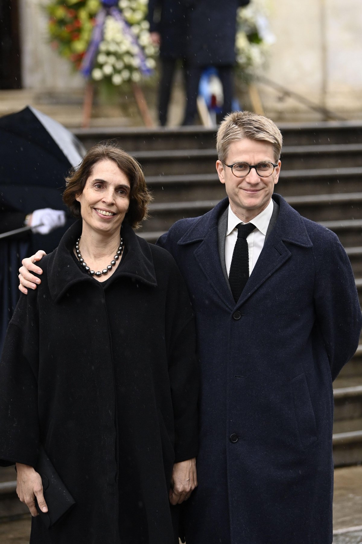 Charles Louis d'Orleans and his wife, Ileana Manos, attend the funeral of Vittorio Emanuele di Savoia in Turin on February 10, 2024 (Fabio Ferrari/LaPresse/Alamy)
