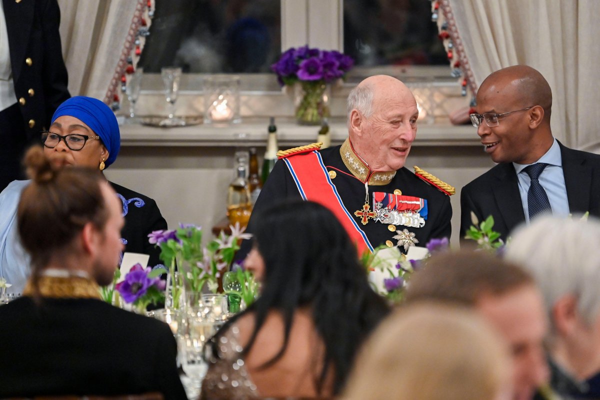 King Harald V of Norway hosts a state banquet in honor of President Samia Suluhu Hassan of Tanzania at the Royal Palace in Oslo on February 13, 2024 (Annika Byrde/NTB/Alamy)