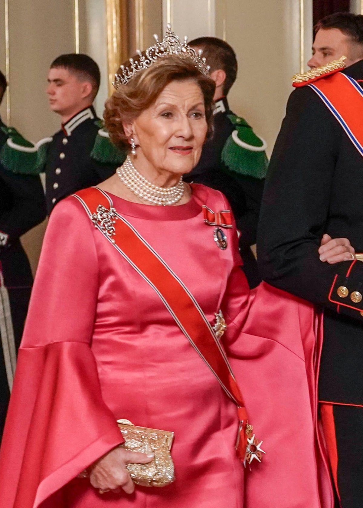 Queen Sonja of Norway arrives for a state banquet in honor of President Samia Suluhu Hassan of Tanzania at the Royal Palace in Oslo on February 13, 2024 (Ørn E. Borgen/NTB/Alamy)