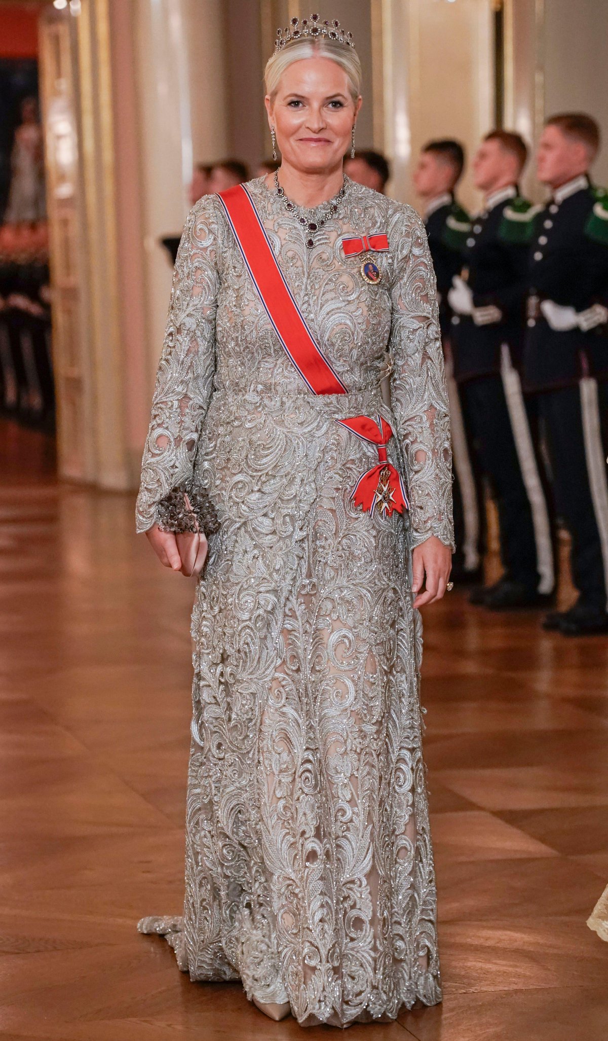 Crown Princess Mette-Marit of Norway arrives for a state banquet in honor of President Samia Suluhu Hassan of Tanzania at the Royal Palace in Oslo on February 13, 2024 (Ørn E. Borgen/NTB/Alamy)