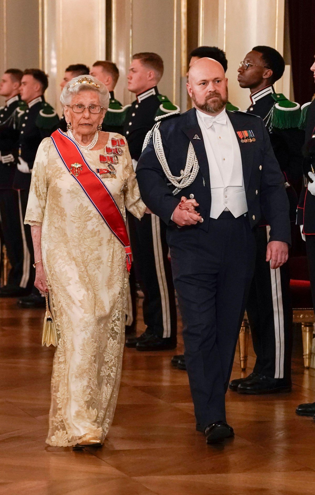 Princess Astrid, Mrs. Ferner arrives for a state banquet in honor of President Samia Suluhu Hassan of Tanzania at the Royal Palace in Oslo on February 13, 2024 (Ørn E. Borgen/NTB/Alamy)