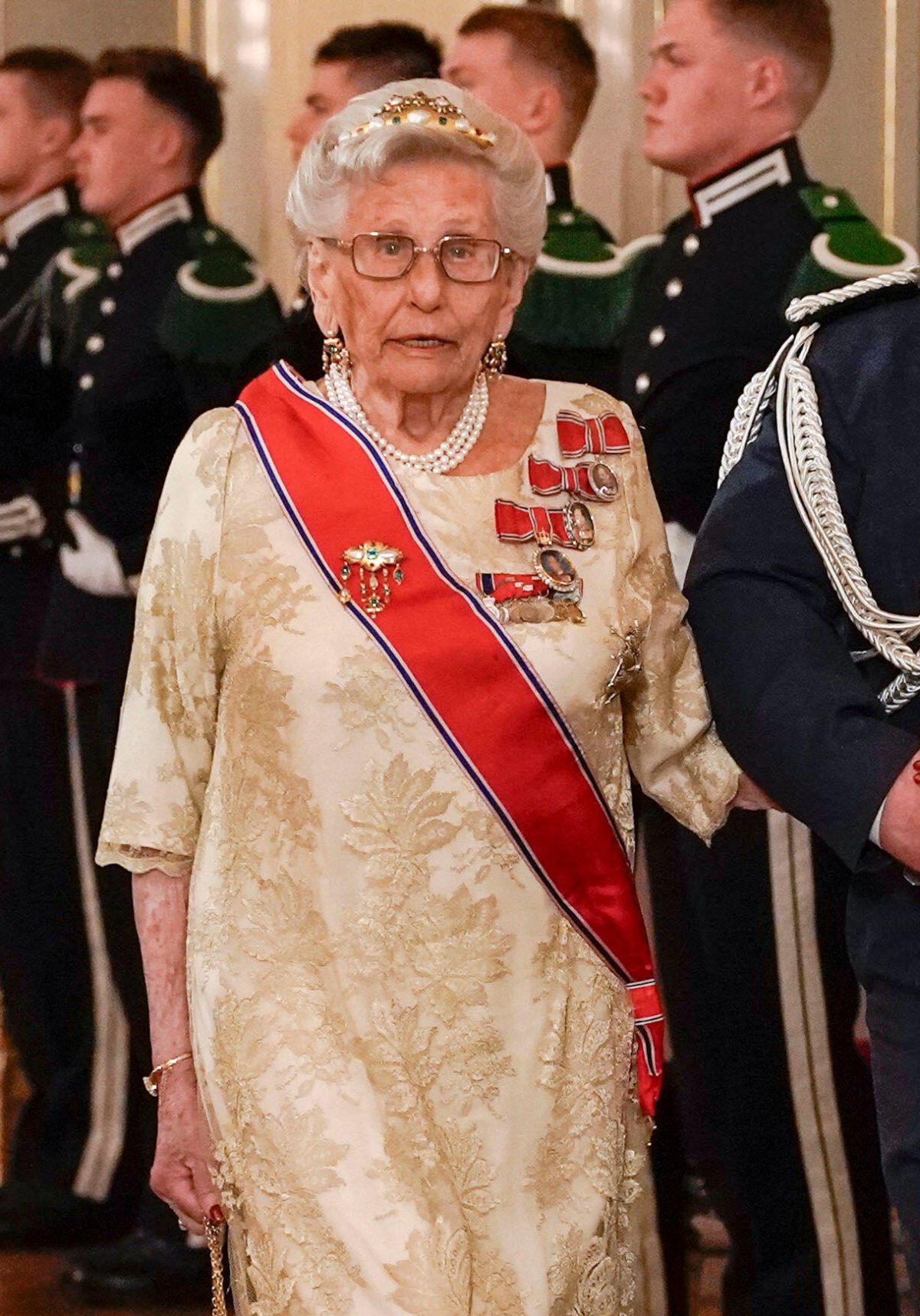 Princess Astrid, Mrs. Ferner arrives for a state banquet in honor of President Samia Suluhu Hassan of Tanzania at the Royal Palace in Oslo on February 13, 2024 (Ørn E. Borgen/NTB/Alamy)