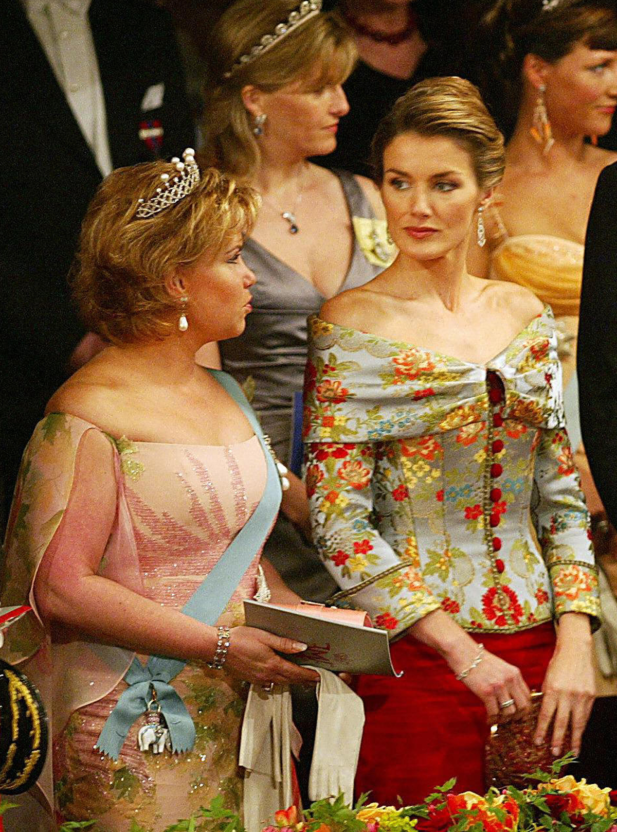 Grand Duchess Maria Teresa of Luxembourg and Letizia Ortiz Rocasolano attend a gala performance at the Royal Theatre in Copenhagen on the eve of the wedding of Crown Prince Frederik and Crown Princess Mary of Denmark, May 13, 2004 (CLAUS FISKER/AFP/Getty Images)