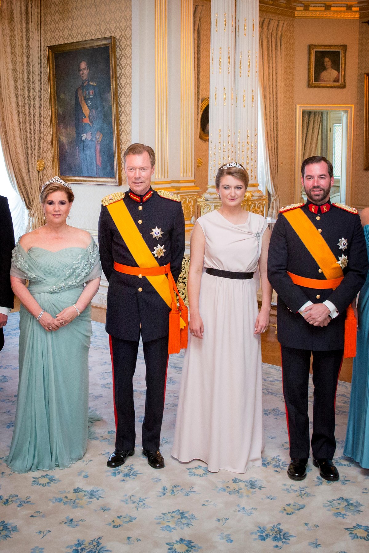 Grand Duchess Maria Teresa, Grand Duke Henri, Hereditary Grand Duchess Stephanie, and Hereditary Grand Duke Guillaume of Luxembourg attend the National Day gala at the Grand Ducal Palace in Luxembourg on June 23, 2016 (Patrick van Katwijk/DPA Picture Alliance/Alamy)