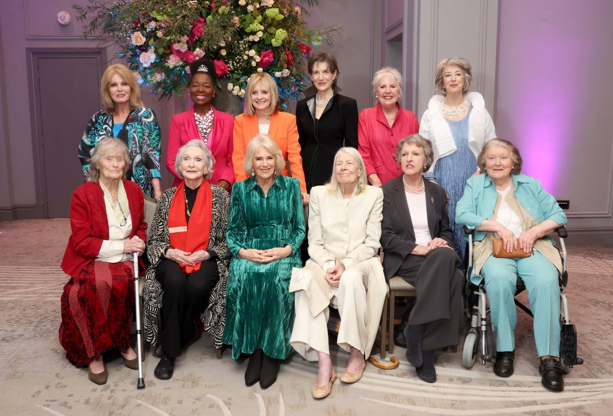 Queen Camilla of the United Kingdom is pictured with Dame Joanna Lumley, Dame Floella Benjamin, Dame Lesley "Twiggy" Lawson, Dame Harriet Walter, Dame Penelope Wilton, Dame Maureen Lipman, Dame Virginia McKenna, Dame Sian Phillips, Dame Vanessa Redgrave, Dame Penelope Keith, and Dame Patricia Routledge during a "Celebration of Shakespeare" event at Grosvenor House in London on February 14, 2024 (Chris Jackson/PA Images/Alamy)