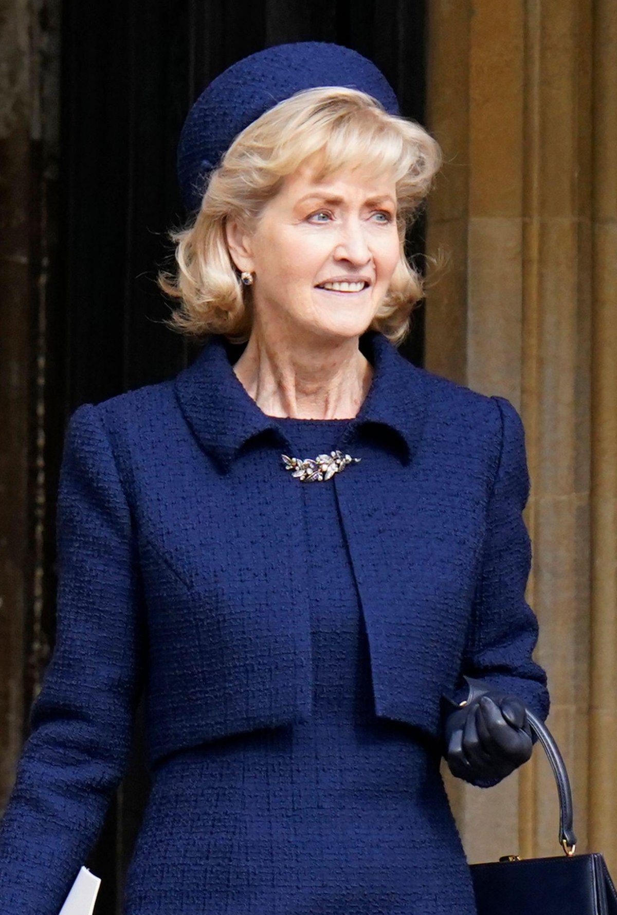 Penelope Knatchbull, Countess Mountbatten of Burma attends a memorial service in honor of the late King Constantine II of Greece at St. George's Chapel, Windsor on February 27, 2024 (Andrew Matthews/PA Images/Alamy)
