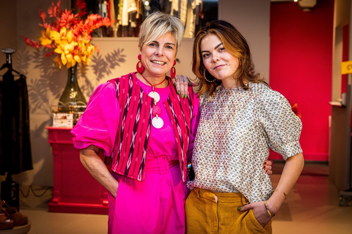 Princess Laurentien of the Netherlands and her daughter, Countess Eloise of Orange-Nassau, pose during a press presentation of their vintage clothing shop, My Lima Lima, in The Hague on March 1, 2024 (Patrick van Katwijk/DPA Picture Alliance/Alamy)
