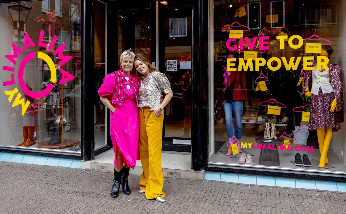 Princess Laurentien of the Netherlands and her daughter, Countess Eloise of Orange-Nassau, pose during a press presentation of their vintage clothing shop, My Lima Lima, in The Hague on March 1, 2024 (Albert Nieboer/DPA Picture Alliance/Alamy)
