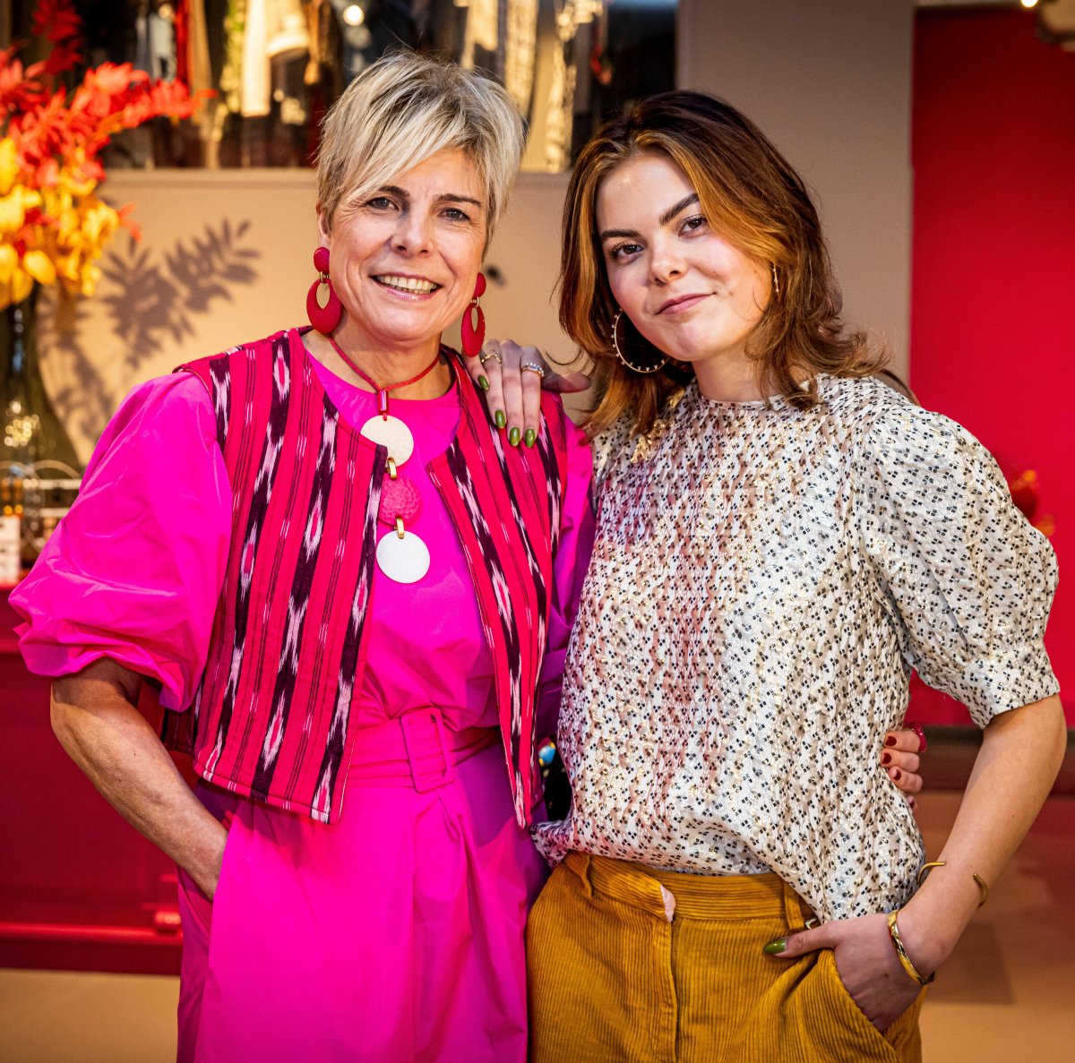 Princess Laurentien of the Netherlands and her daughter, Countess Eloise of Orange-Nassau, pose during a press presentation of their vintage clothing shop, My Lima Lima, in The Hague on March 1, 2024 (Patrick van Katwijk/DPA Picture Alliance/Alamy)