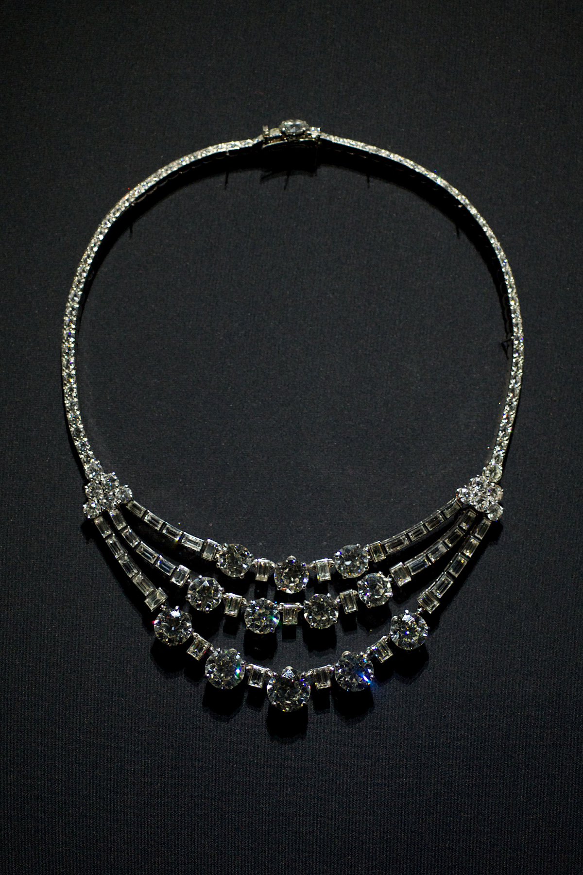 A diamond festoon necklace that belonged to Princess Grace of Monaco is displayed during an exhibition of Cartier jewels at the Museum Thyssen Bornemisza in Madrid on October 22, 2012 (Carlos Alvarez/Getty Images)