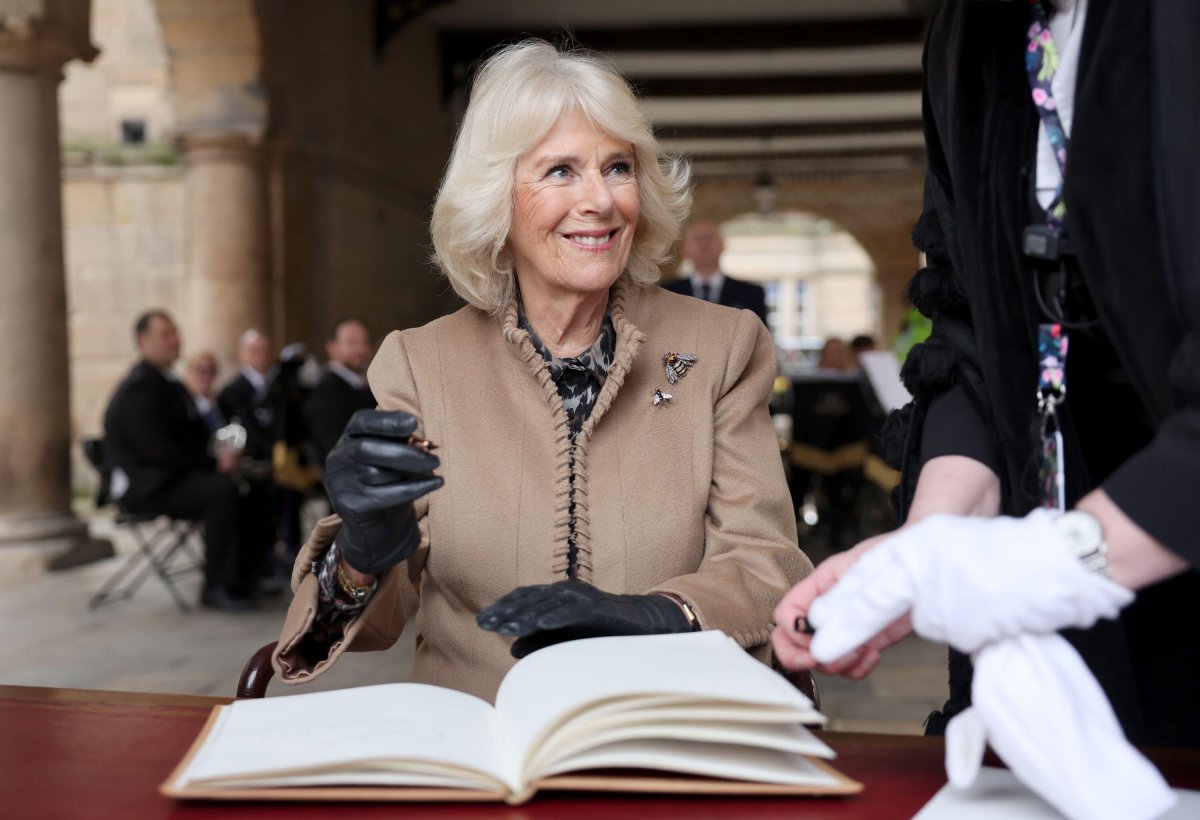 Queen Camilla of the United Kingdom visits the Old Market Hall in Shrewsbury on March 27, 2024 (Chris Jackson/PA Images/Alamy)