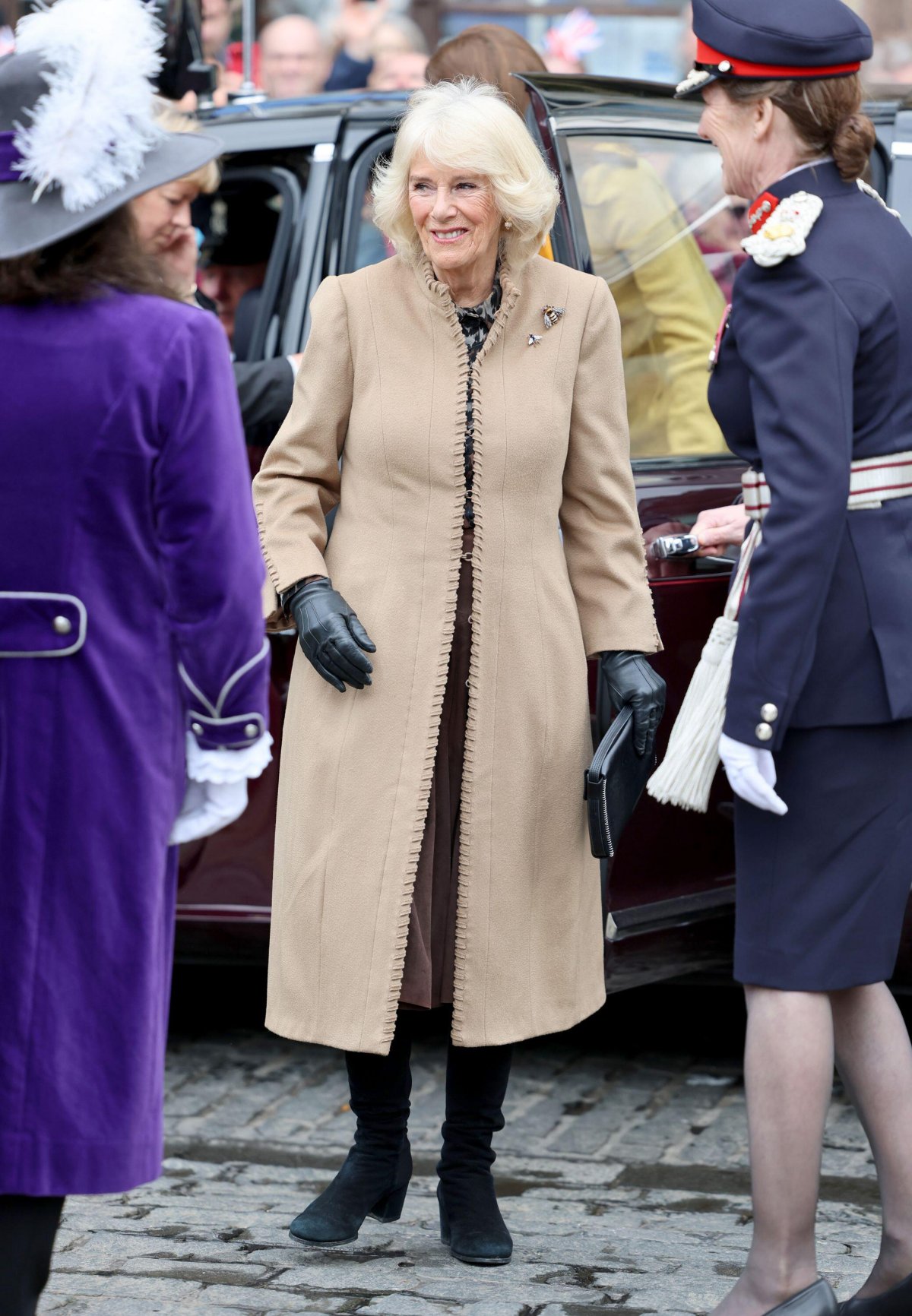 Queen Camilla of the United Kingdom visits the Farmers' Market in The Square in Shrewsbury on March 27, 2024 (Chris Jackson/PA Images/Alamy)