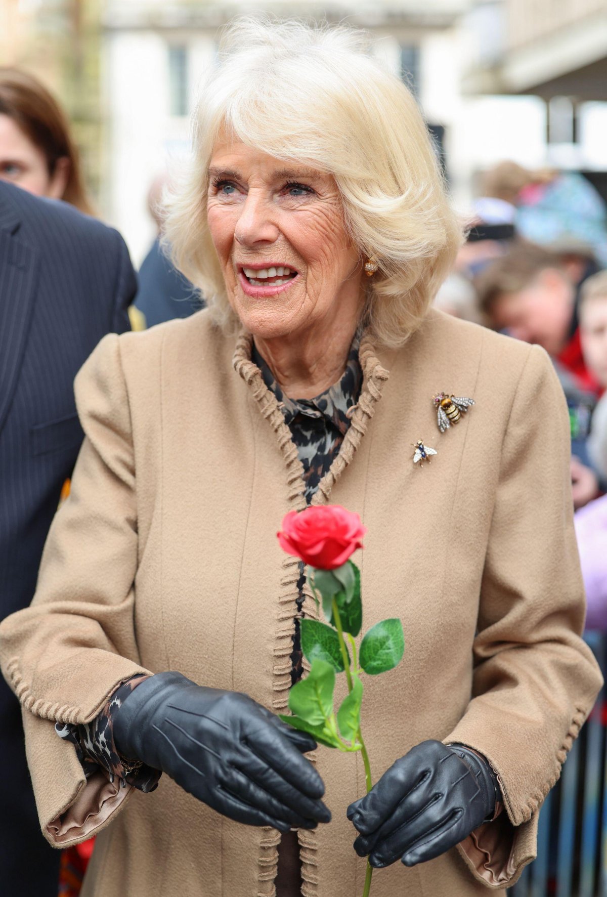 Queen Camilla of the United Kingdom visits the Farmers' Market in The Square in Shrewsbury on March 27, 2024 (Chris Jackson/PA Images/Alamy)
