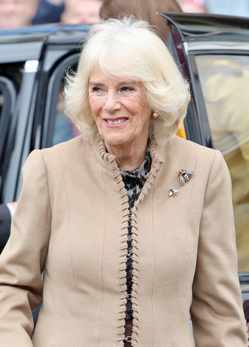 Queen Camilla of the United Kingdom visits the Farmers' Market in The Square in Shrewsbury on March 27, 2024 (Chris Jackson/PA Images/Alamy)