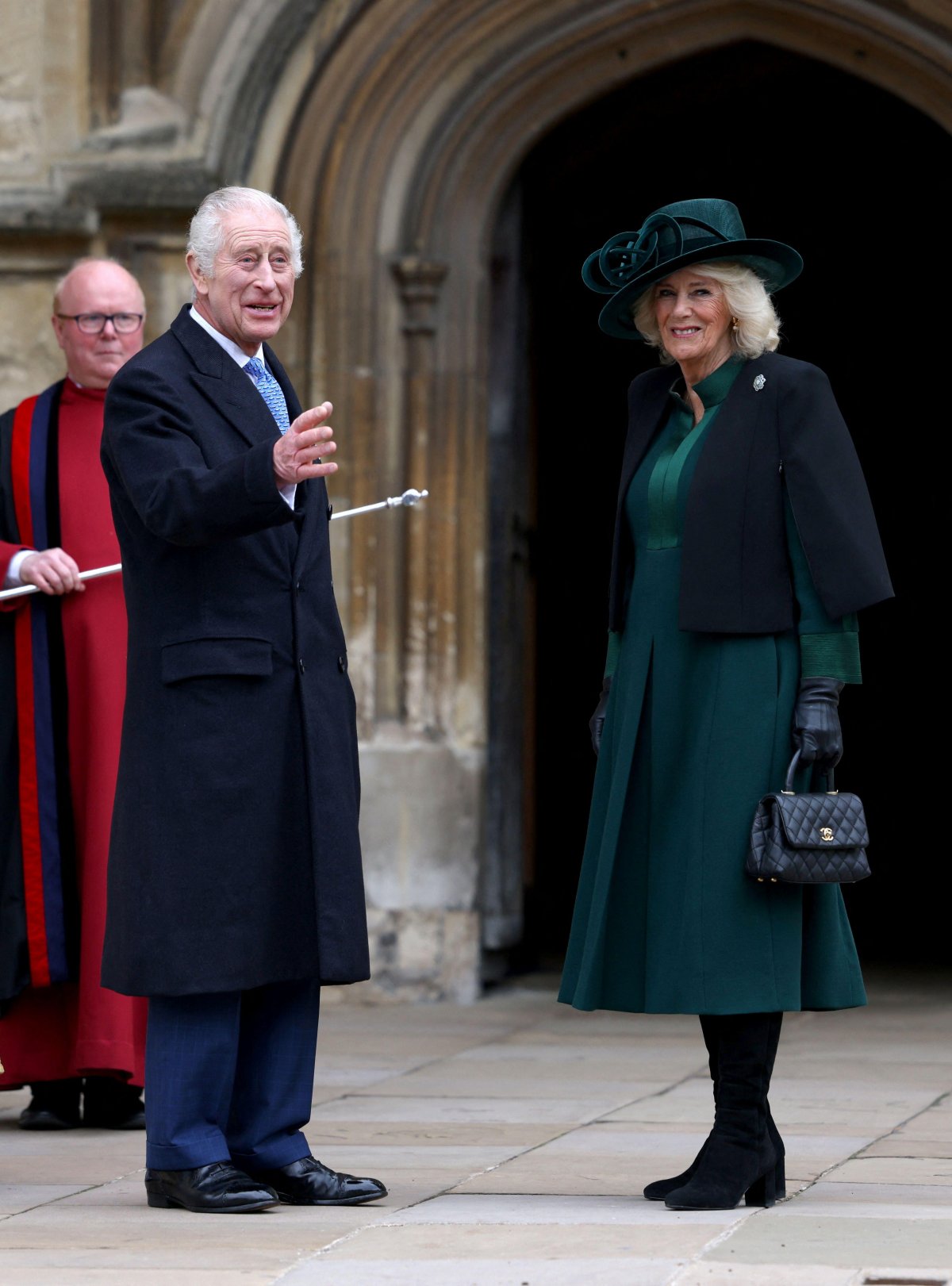 King Charles III and Queen Camilla of the United Kingdom attend an Easter Sunday service at St. George's Chapel, Windsor on March 31, 2024 (Hollie Adams/PA Images/Alamy)