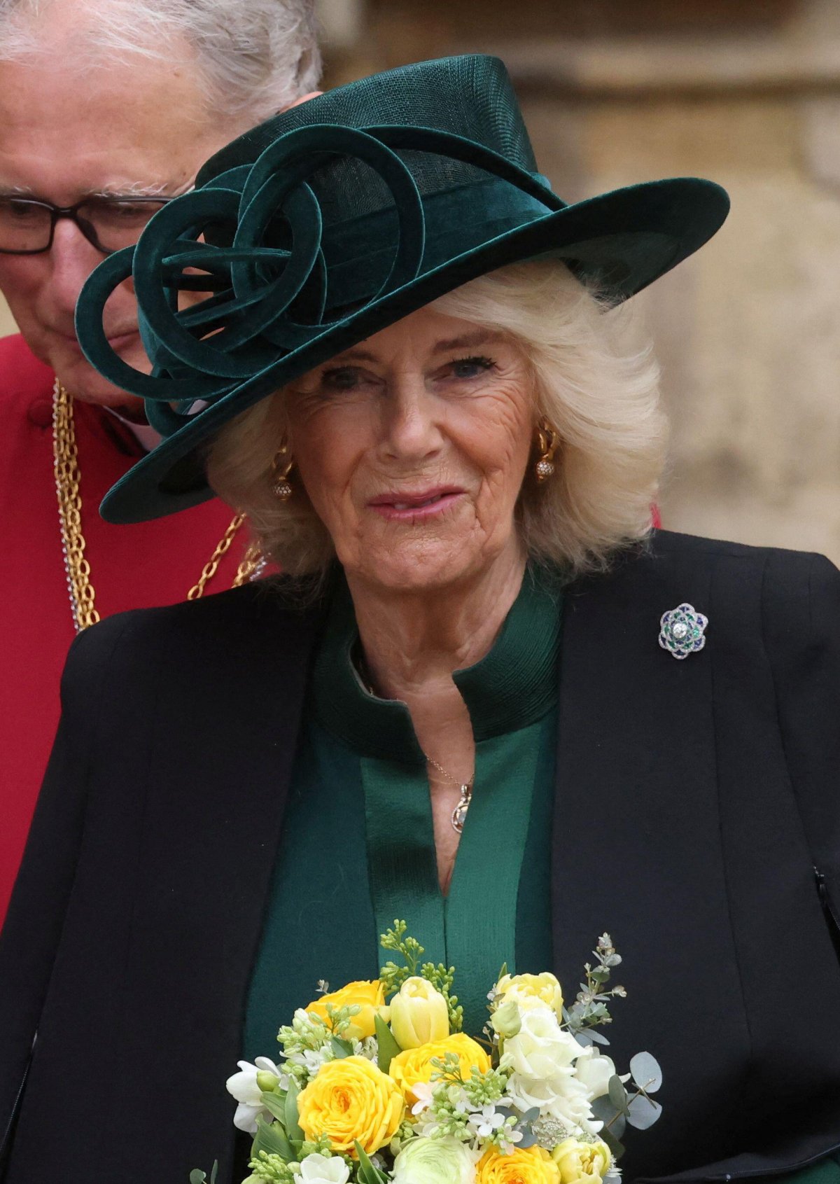 Queen Camilla of the United Kingdom attends an Easter Sunday service at St. George's Chapel, Windsor on March 31, 2024 (Hollie Adams/PA Images/Alamy)
