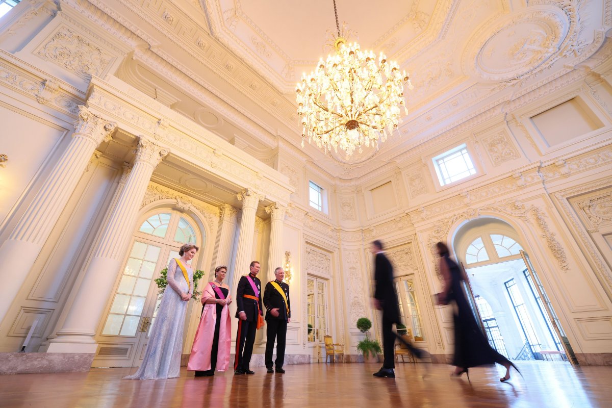 Queen Mathilde of the Belgians, Grand Duchess Maria Teresa of Luxembourg, Grand Duke Henri of Luxembourg, and King Philippe of the Belgians attend a state banquet at the Palace of Laeken on April 16, 2024 (BENOIT DOPPAGNE/Belga News Agency/Alamy)