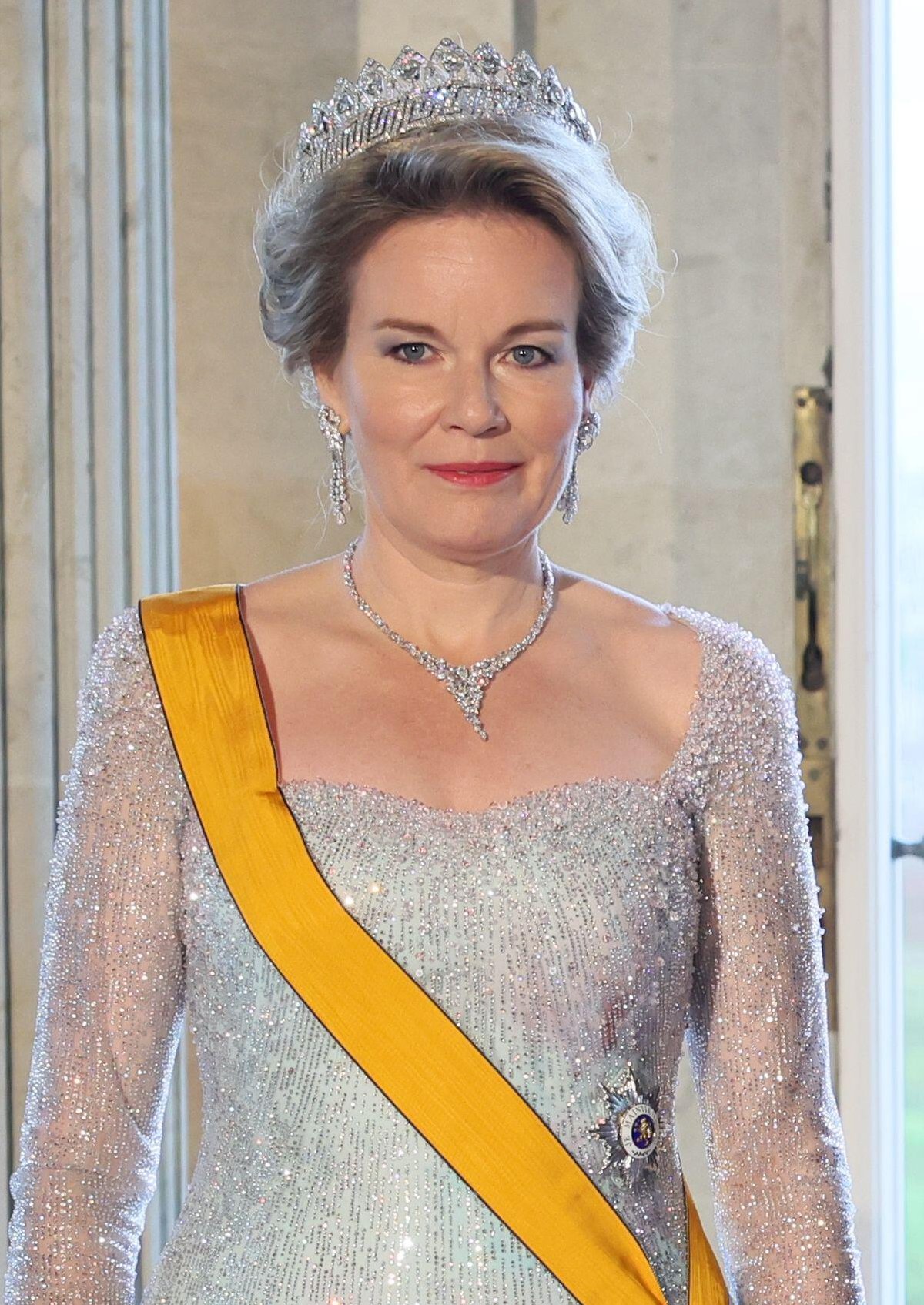 Queen Mathilde of the Belgians attends a state banquet at the Palace of Laeken on April 16, 2024 (BENOIT DOPPAGNE/Belga News Agency/Alamy)