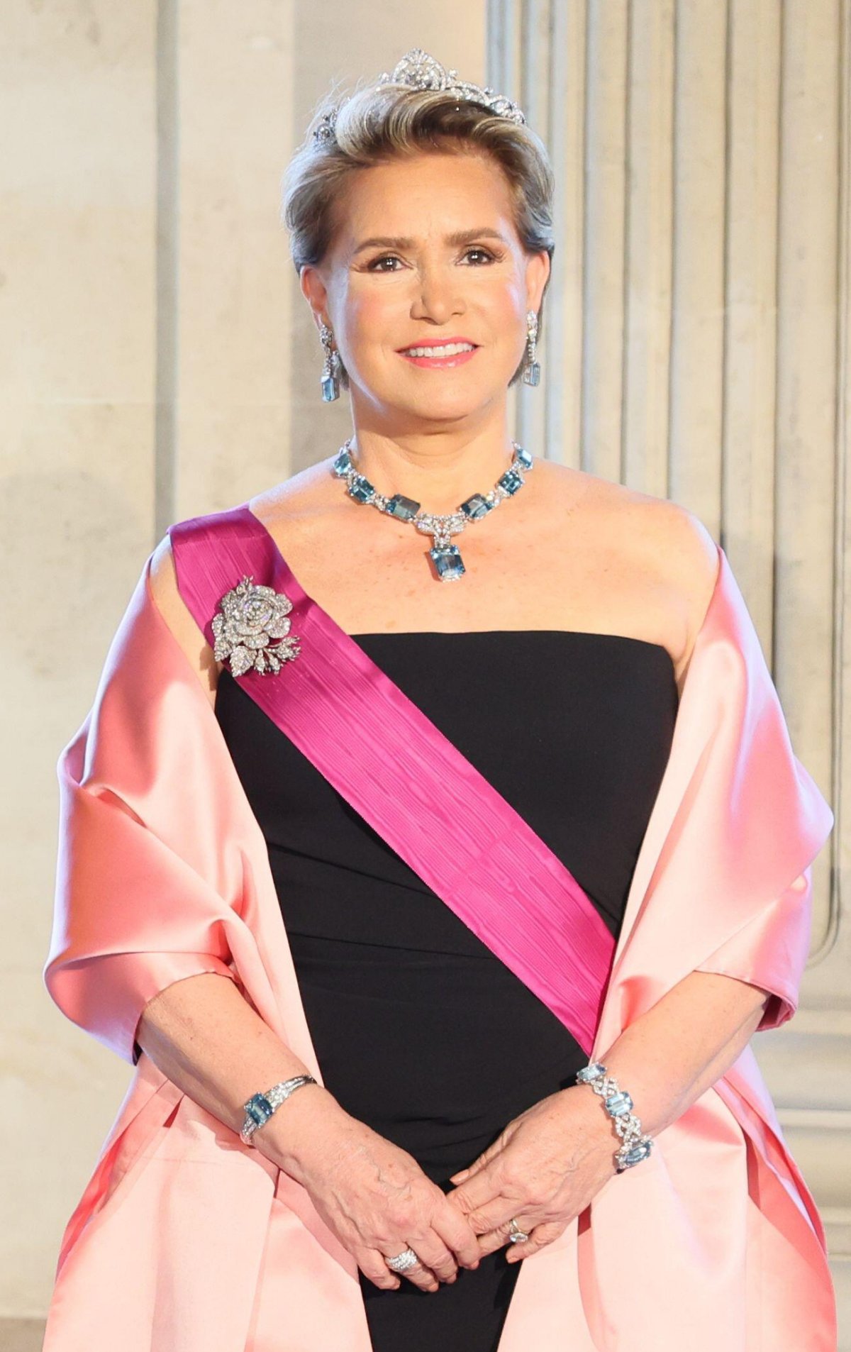 Grand Duchess Maria Teresa of Luxembourg attends a state banquet at the Palace of Laeken on April 16, 2024 (BENOIT DOPPAGNE/Belga News Agency/Alamy)