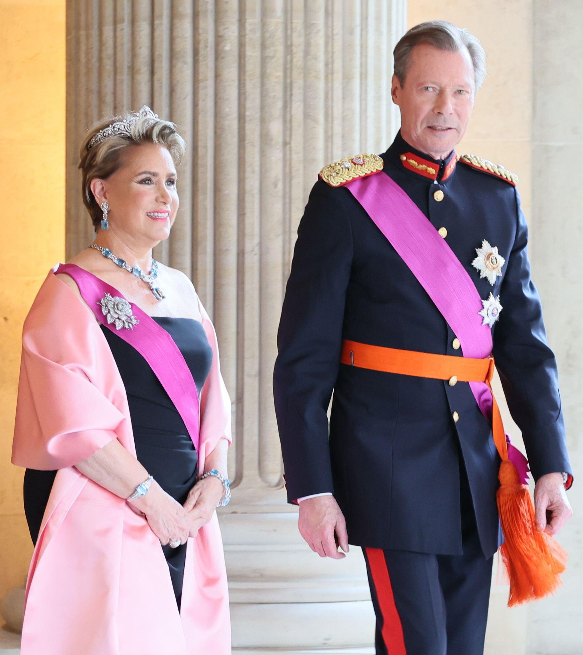 Grand Duchess Maria Teresa and Grand Duke Henri of Luxembourg attend a state banquet at the Palace of Laeken on April 16, 2024 (BENOIT DOPPAGNE/Belga News Agency/Alamy)