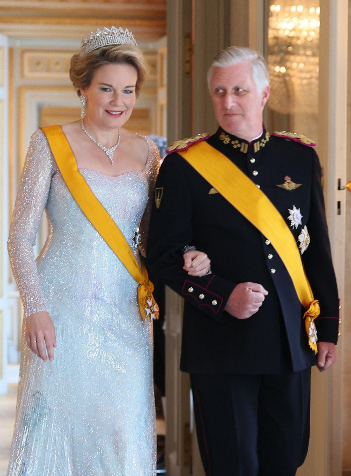 Queen Mathilde and King Philippe of the Belgians attend a state banquet at the Palace of Laeken on April 16, 2024 (BENOIT DOPPAGNE/Belga News Agency/Alamy)