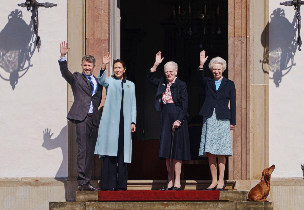 Queen Margrethe of Denmark, with King Frederik X, Queen Mary, and Princess Benedikte, celebrates her 84th birthday at Fredensborg Palace on April 16, 2024 (Ritzau/Alamy)