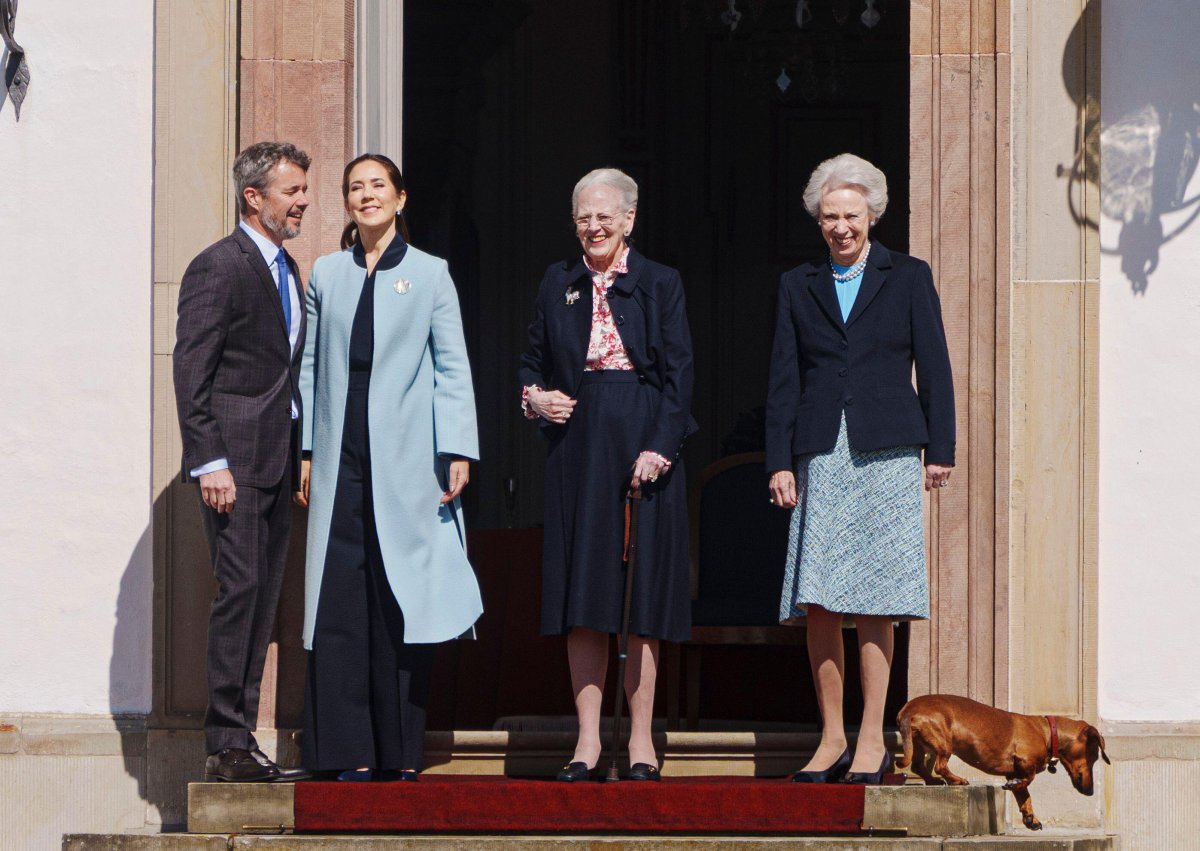 Queen Margrethe of Denmark, with King Frederik X, Queen Mary, and Princess Benedikte, celebrates her 84th birthday at Fredensborg Palace on April 16, 2024 (Liselotte Sabroe/Ritzau/Alamy)