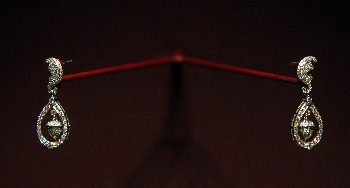 The Duchess of Cambridge's wedding earrings are displayed at Buckingham Palace on July 20, 2011 (Lewis Whyld/WPA Pool/Getty Images)