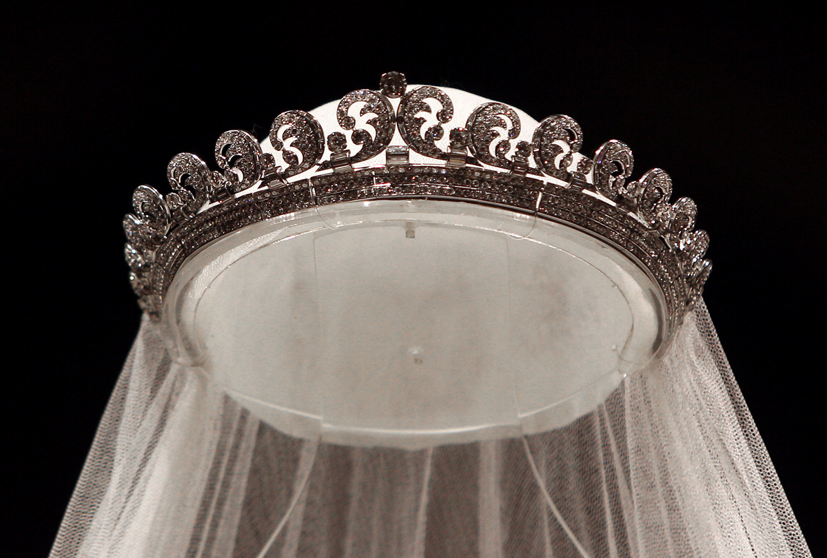 The Cartier Halo Tiara, worn by the Duchess of Cambridge on her wedding day, is displayed at Buckingham Palace on July 20, 2011 (Lewis Whyld/WPA Pool/Getty Images)
