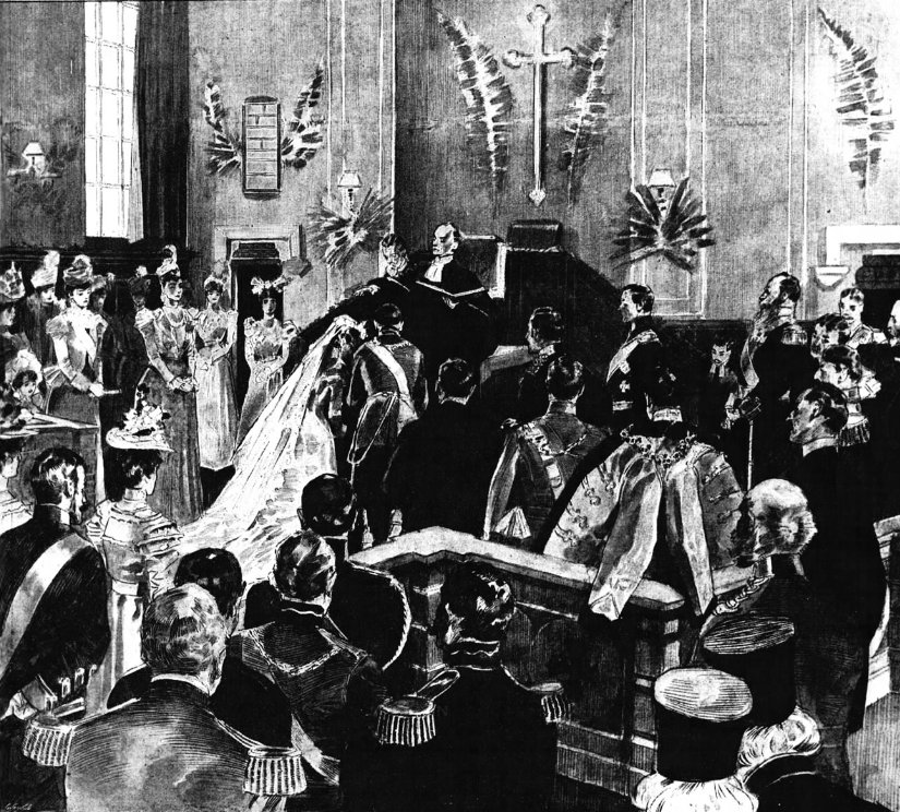 Reginald Cleaver's illustration of Christian and Alexandrine's religious wedding ceremony in Cannes, printed in the Graphic, May 1898