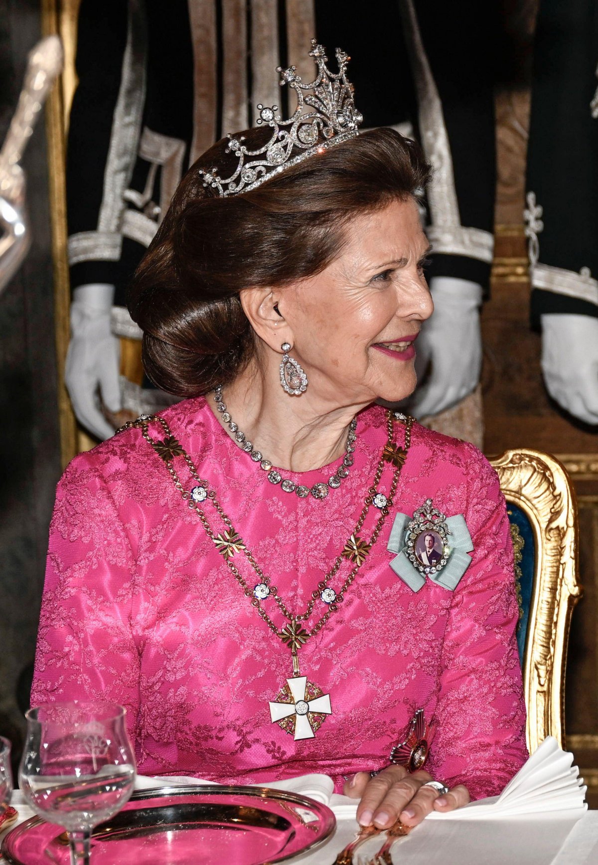 The Queen of Sweden attends a state banquet at the Royal Palace in Stockholm on April 23, 2024 (Fredrik Sandberg/TT News Agency/Alamy)