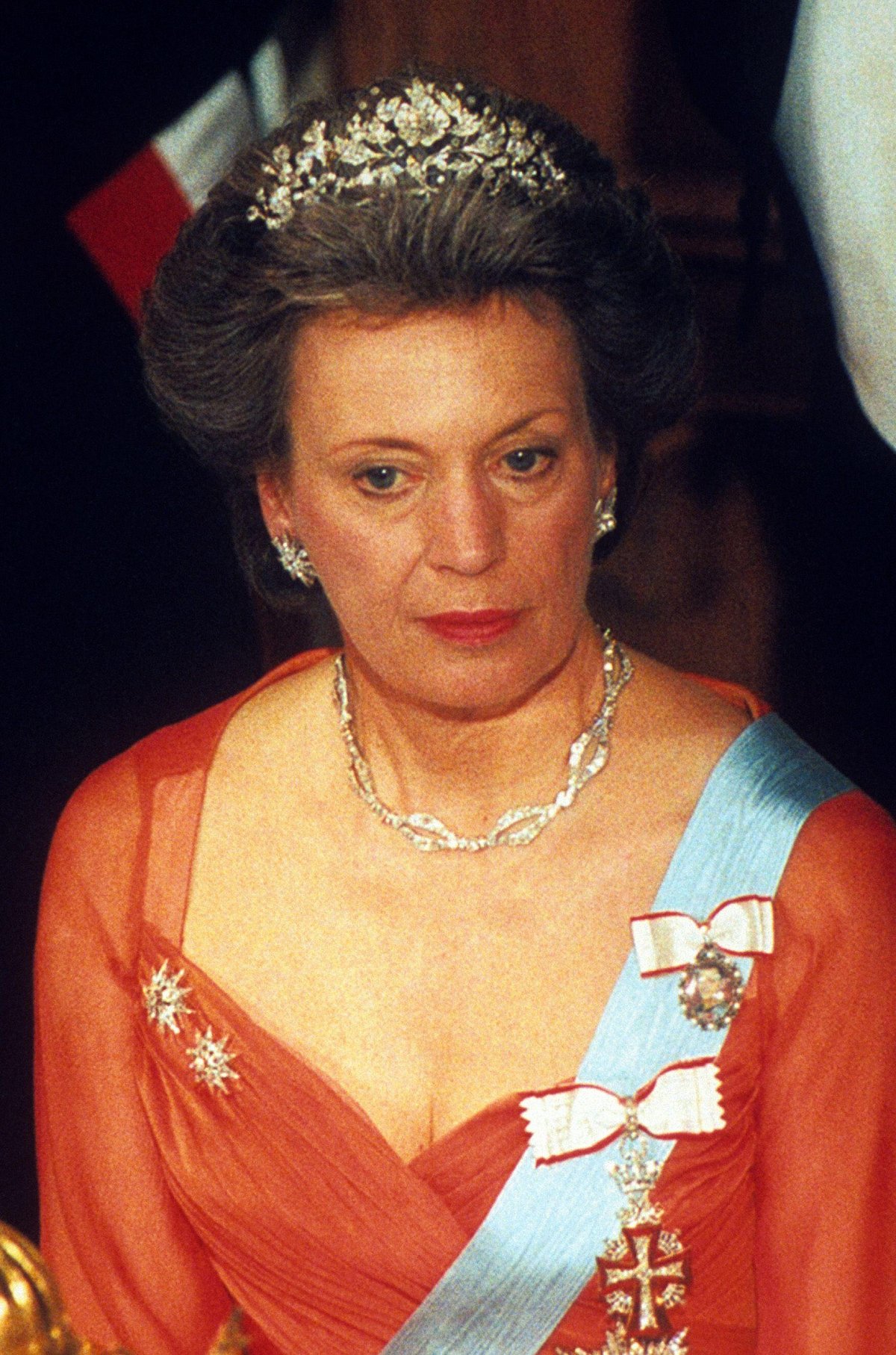 Princess Benedikte of Denmark, Princess of Sayn-Wittgenstein-Berleburg attends a banquet at the Guildhall in London celebrating the 50th anniversary of V-E Day on May 8, 1995 (Anwar Hussein/Alamy)