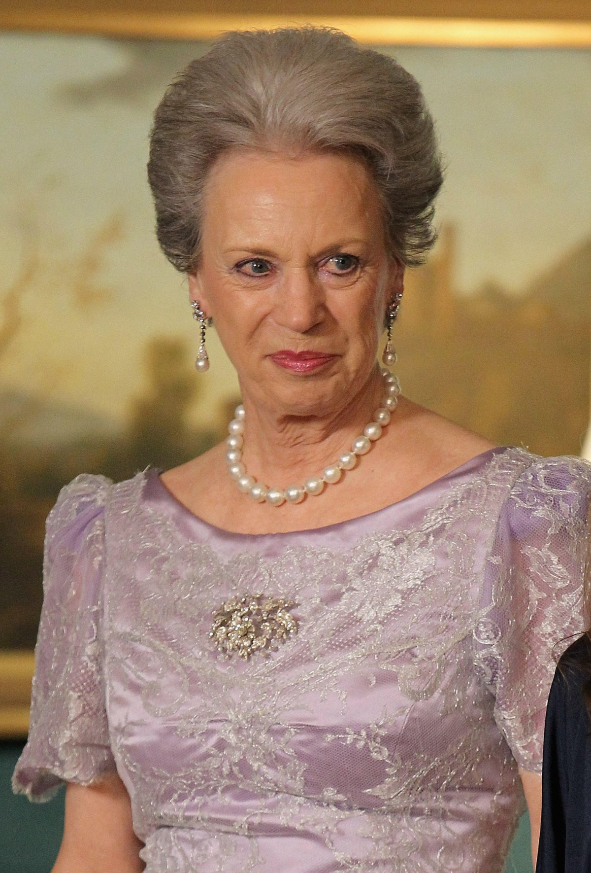 Princess Benedikte of Denmark, Princess of Sayn-Wittgenstein-Berleburg attends a gala dinner during an official visit from the Prince of Wales and the Duchess of Cornwall to Copenhagen on March 26, 2012 (Chris Jackson/PA Images/Alamy)
