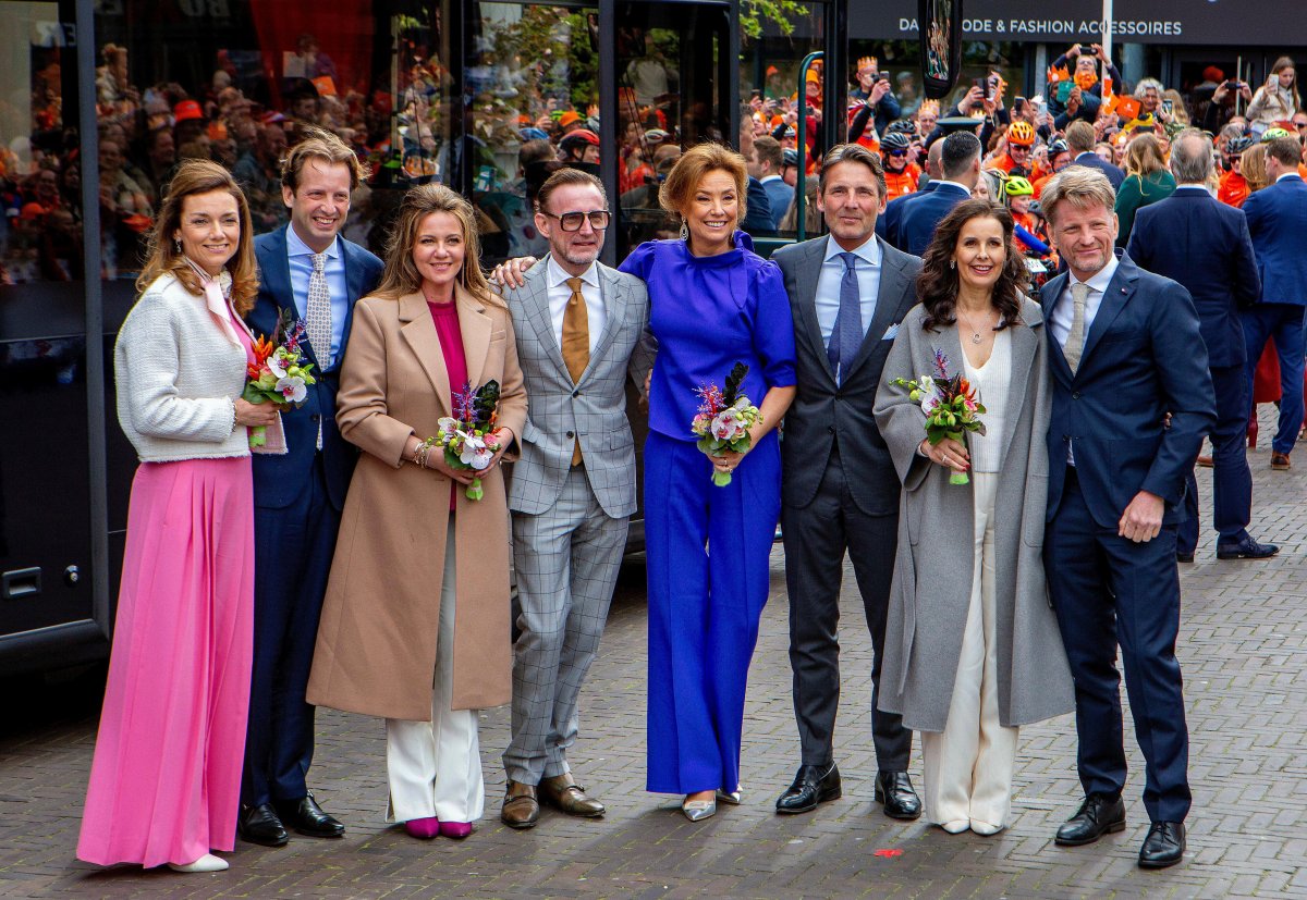 Princess Aimee, Prince Floris, Princess Annette, Prince Bernhard, Princess Marilene, Prince Maurits, Princess Anita, and Prince Pieter-Christiaan of Orange-Nassau attend the King's Day celebrations in Emmen on April 27, 2024 (Albert Nieboer/DPA Picture Alliance/Alamy)