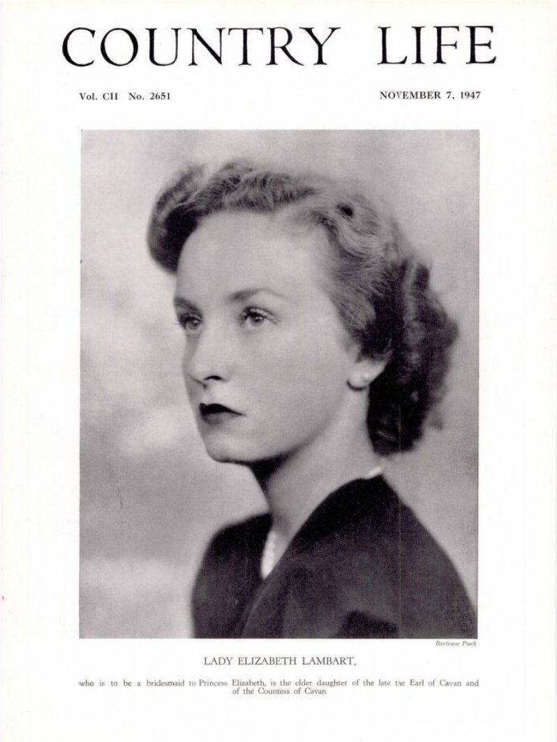 Lady Elizabeth Lambart is pictured on the cover of Country Life magazine, 7 Nov 1947 (BNA)