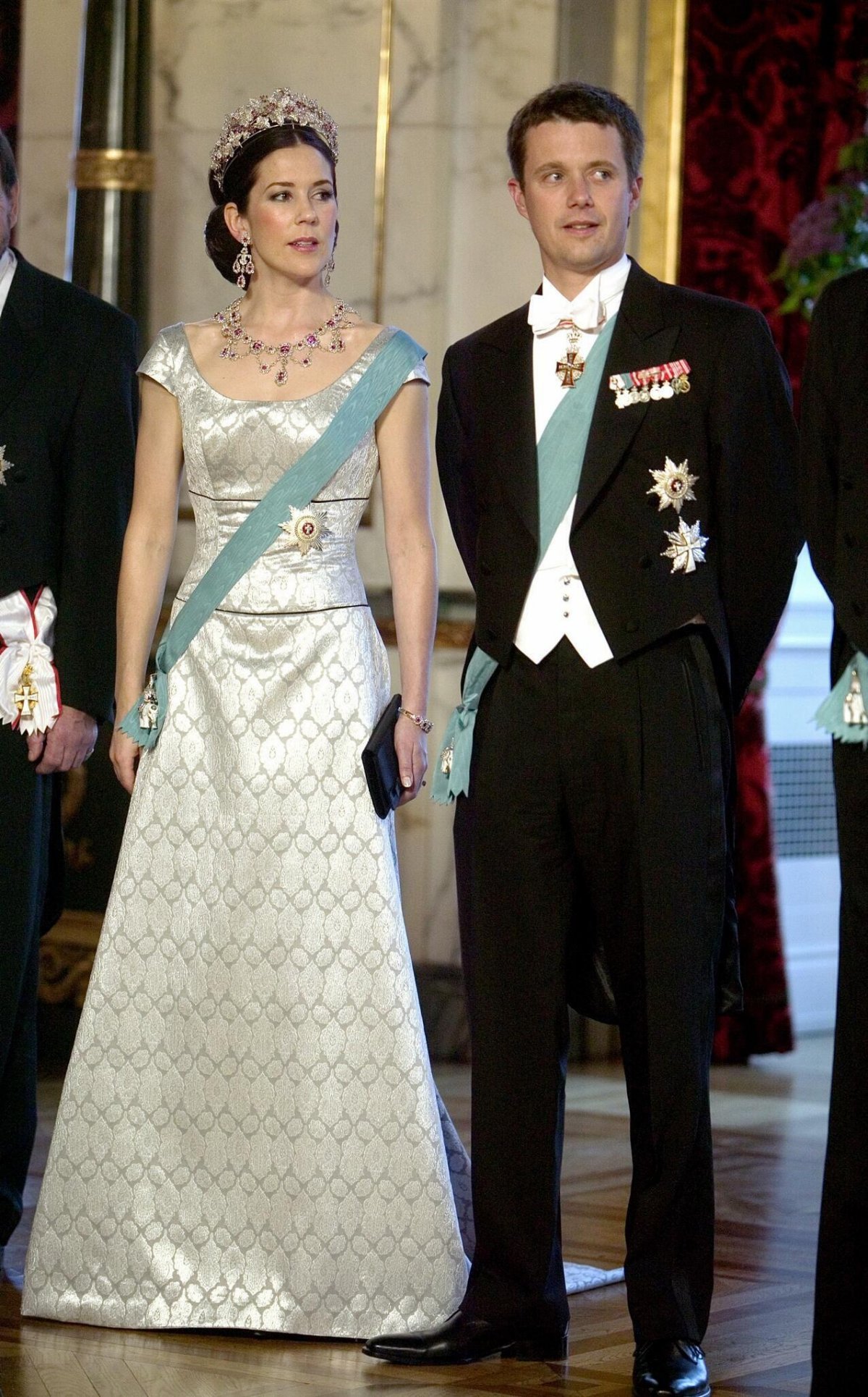 Mary Donaldson and Crown Prince Frederik of Denmark attend a government gala dinner at Christiansborg Palace in Copenhagen on May 11, 2004 (Ritzau/Alamy)