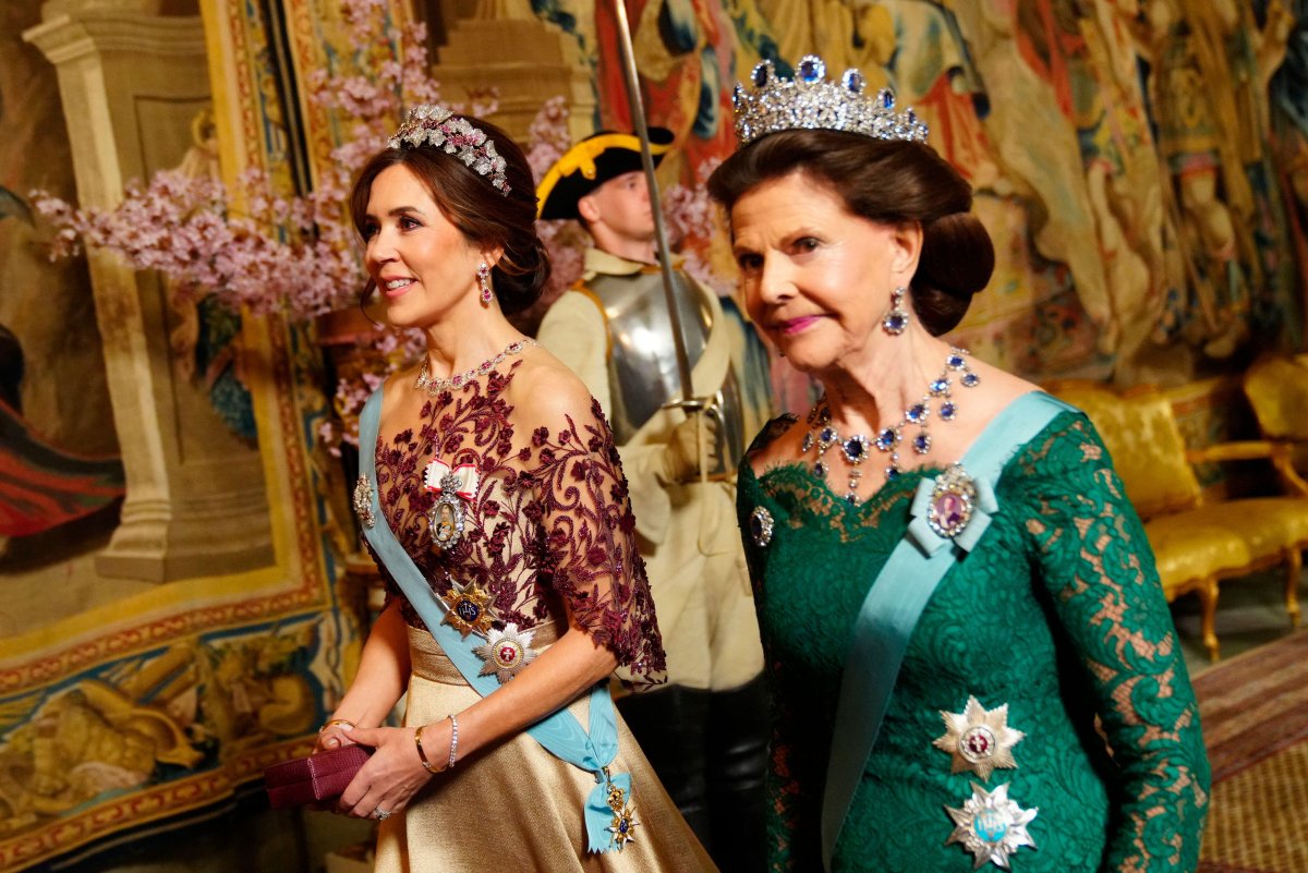 The Queen of Denmark and the Queen of Sweden attend a state banquet at the Royal Palace in Stockholm on May 6, 2024 (Ida Marie Odgaard/Ritzau/Alamy)