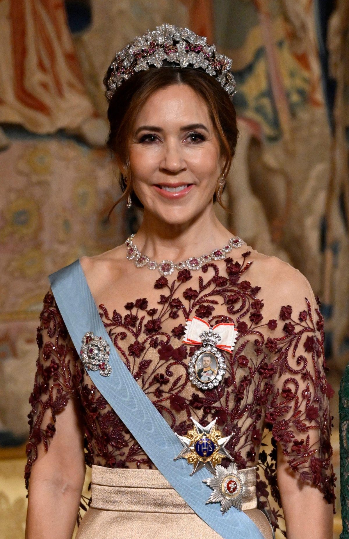 The Queen of Denmark attends a state banquet at the Royal Palace in Stockholm on May 6, 2024 (Pontus Lundahl/TT News Agency/Alamy)