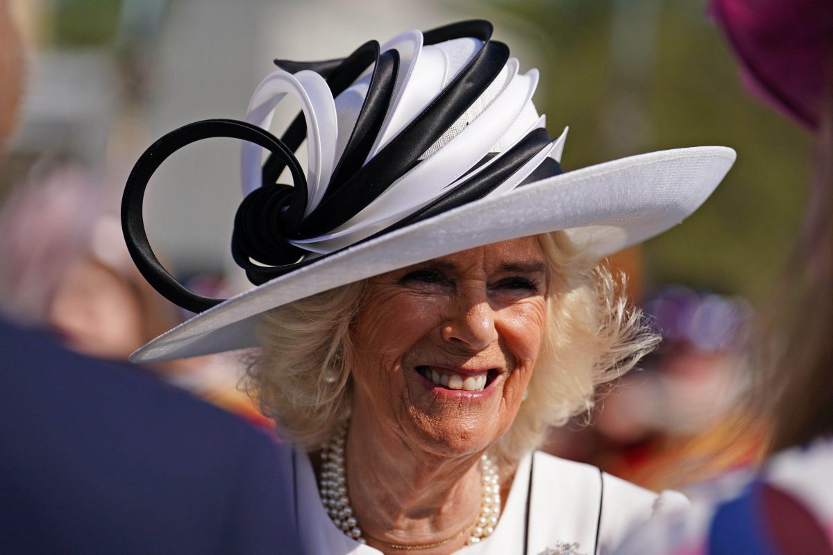 Queen Camilla of the United Kingdom attends a garden party at Buckingham Palace in London on May 8, 2024 (Jordan Pettitt/PA Images/Alamy)