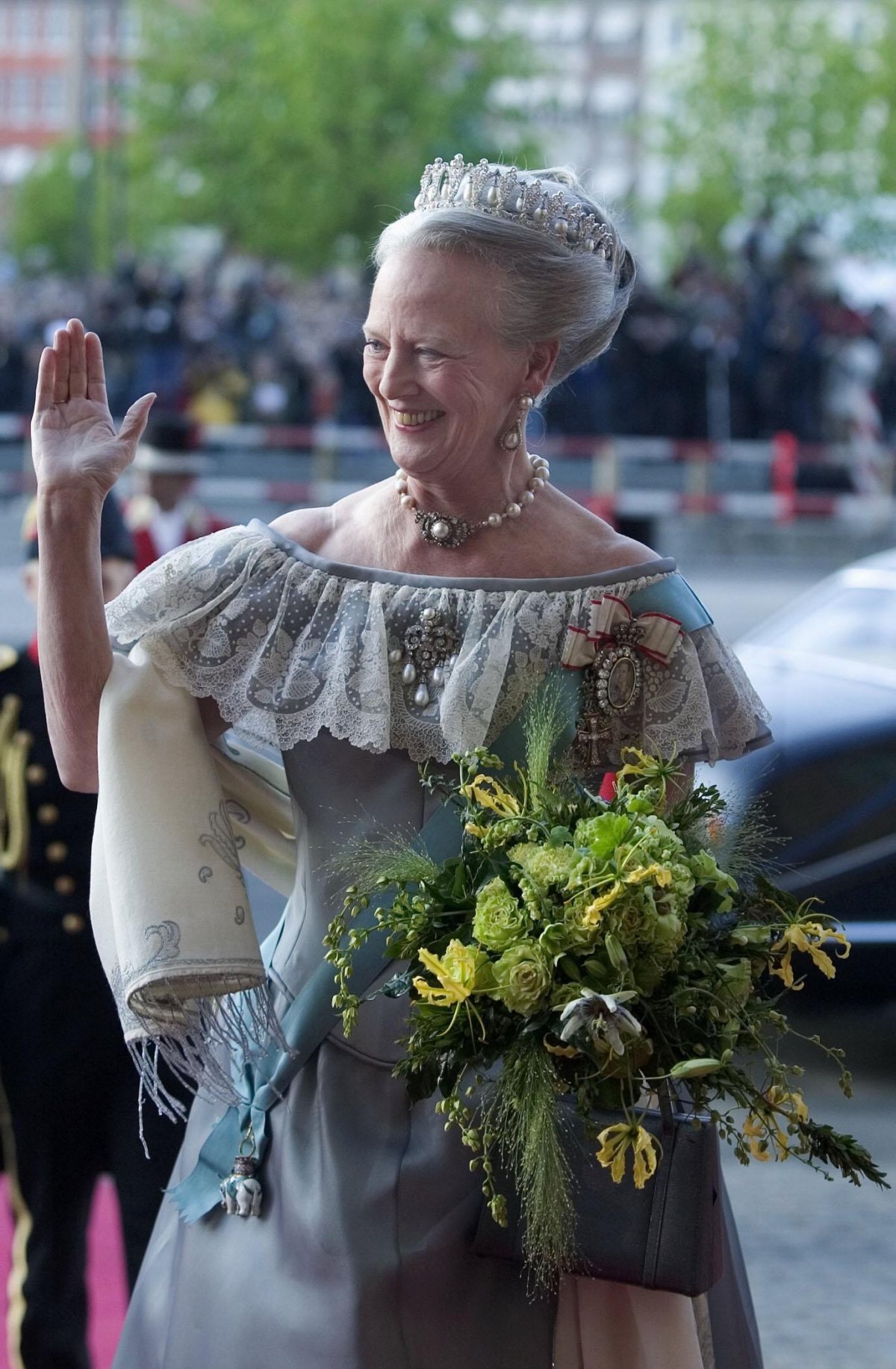 Queen Margrethe II of Denmark attends a pre-wedding gala at the Royal Theatre in Copenhagen on May 13, 2004 (Polfoto/Ritzau/Alamy)