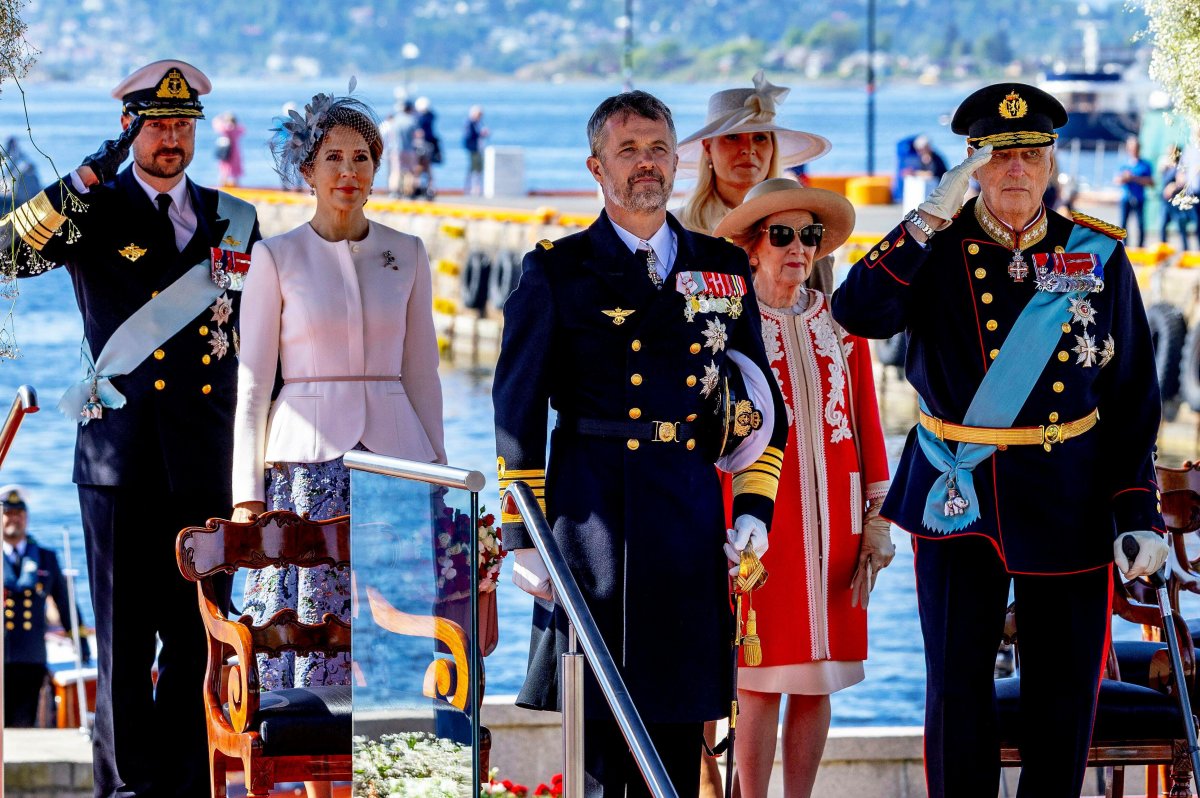 The King and Queen of Denmark are pictured with the King and Queen of Norway and Crown Prince Haakon and Crown Princess Mette-Marit during an official welcome ceremony in Oslo at the start of the Danish state visit to Norway on May 14, 2024 (Albert Nieboer/DPA Picture Alliance/Alamy)