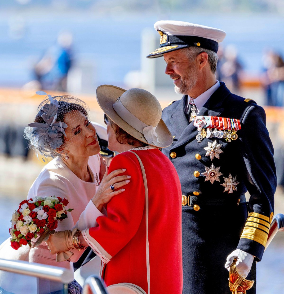 The King and Queen of Denmark are greeted by the Queen of Norway before an official welcome ceremony in Oslo at the start of the Danish state visit to Norway on May 14, 2024 (Albert Nieboer/DPA Picture Alliance/Alamy)