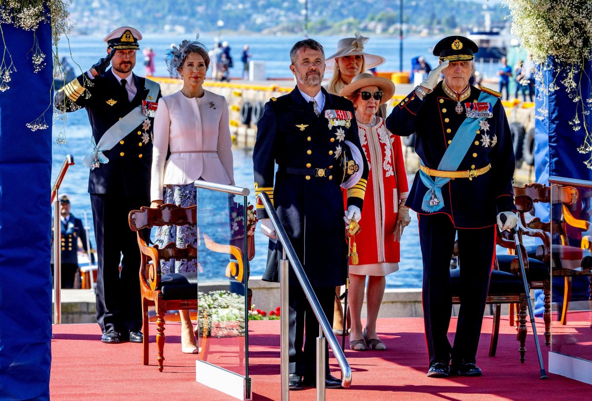 The King and Queen of Denmark are pictured with the King and Queen of Norway and Crown Prince Haakon and Crown Princess Mette-Marit during an official welcome ceremony in Oslo at the start of the Danish state visit to Norway on May 14, 2024 (Albert Nieboer/DPA Picture Alliance/Alamy)