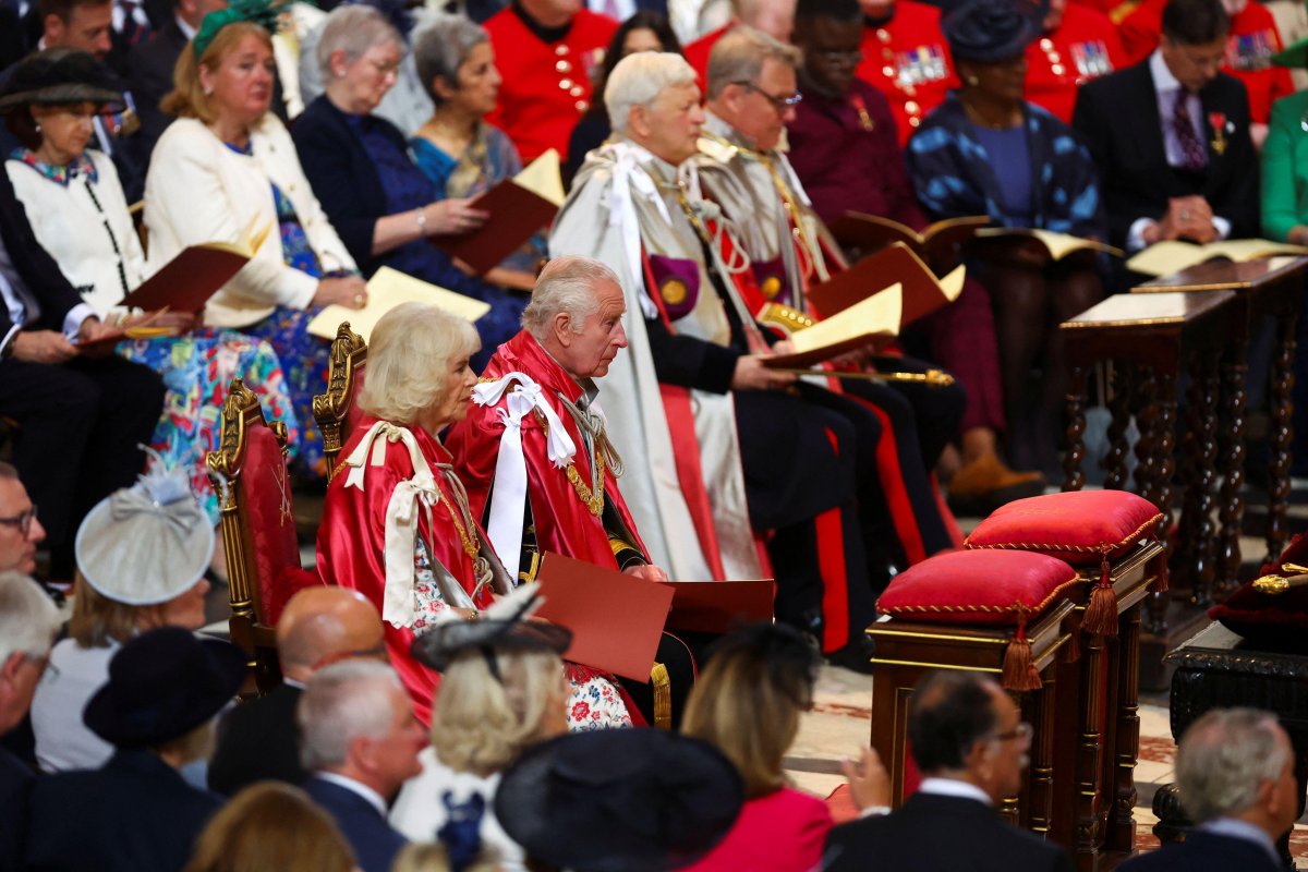 King Charles III and Queen Camilla of the United Kingdom attend the service for the Order of the British Empire at St Paul's Cathedral in London on May 15, 2024 (Hannah McKay/PA Images/Alamy)