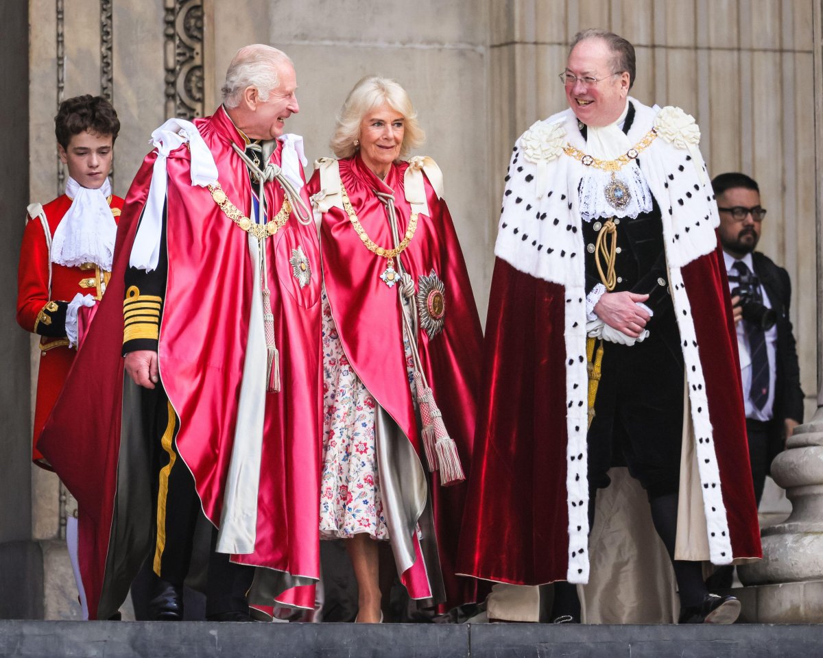 King Charles III and Queen Camilla of the United Kingdom, with the Lord Mayor of London, attend the service for the Order of the British Empire at St Paul's Cathedral in London on May 15, 2024 (Imageplotter/Alamy)