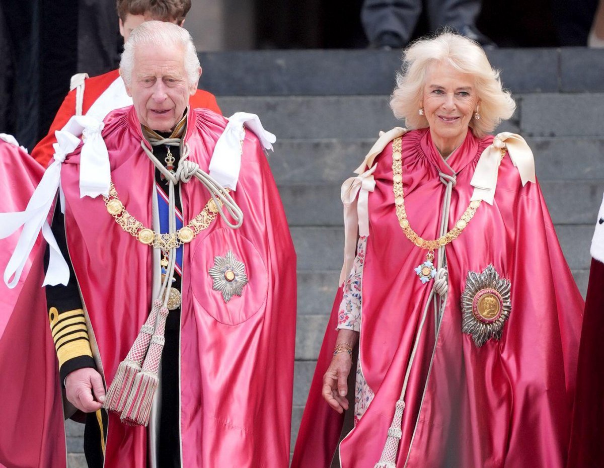 King Charles III and Queen Camilla of the United Kingdom attend the service for the Order of the British Empire at St Paul's Cathedral in London on May 15, 2024 (Jordan Pettitt/PA Images/Alamy)