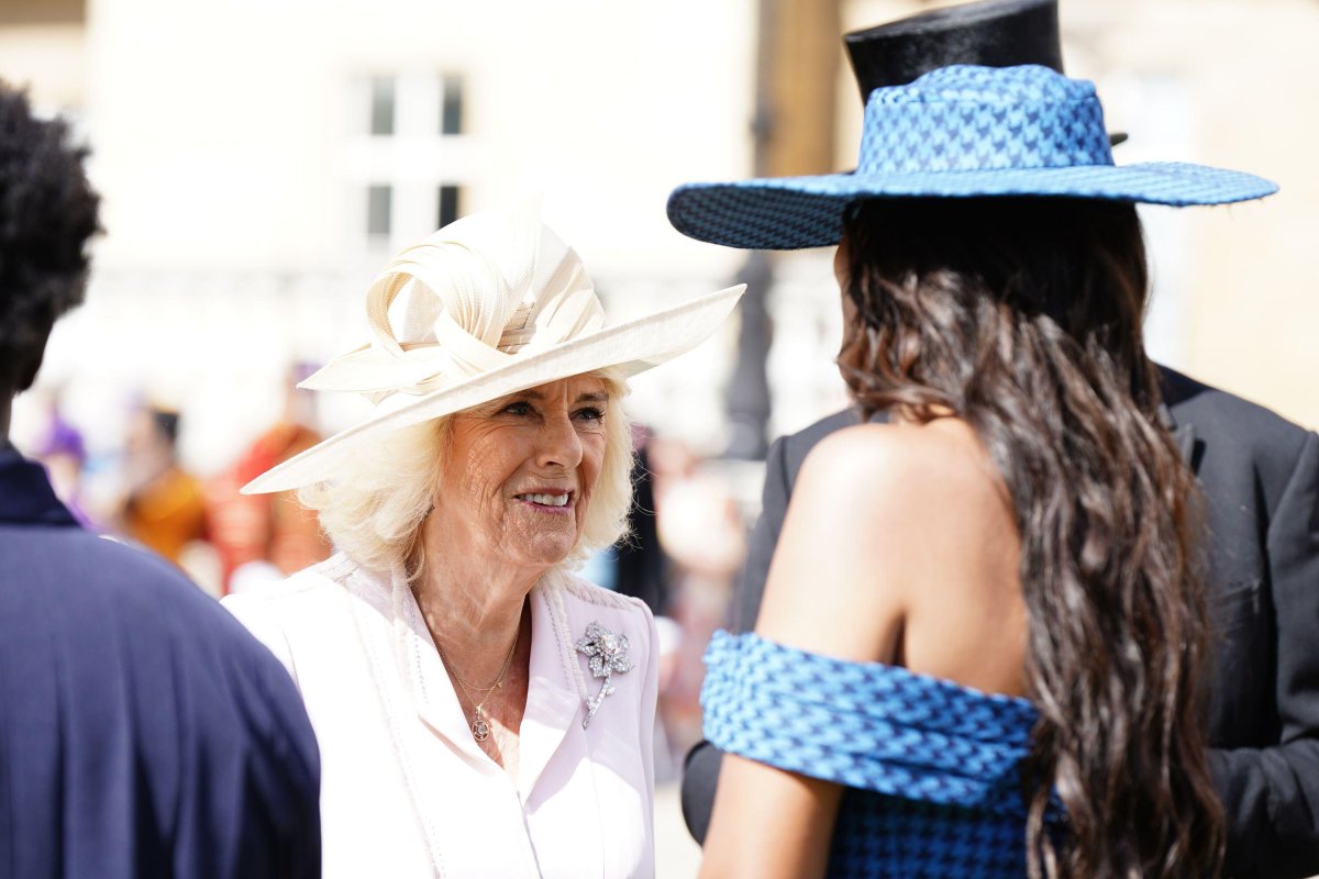 Queen Camilla of the United Kingdom attends a garden party at Buckingham Palace in London on May 15, 2024 (Aaron Chown/PA Images/Alamy)